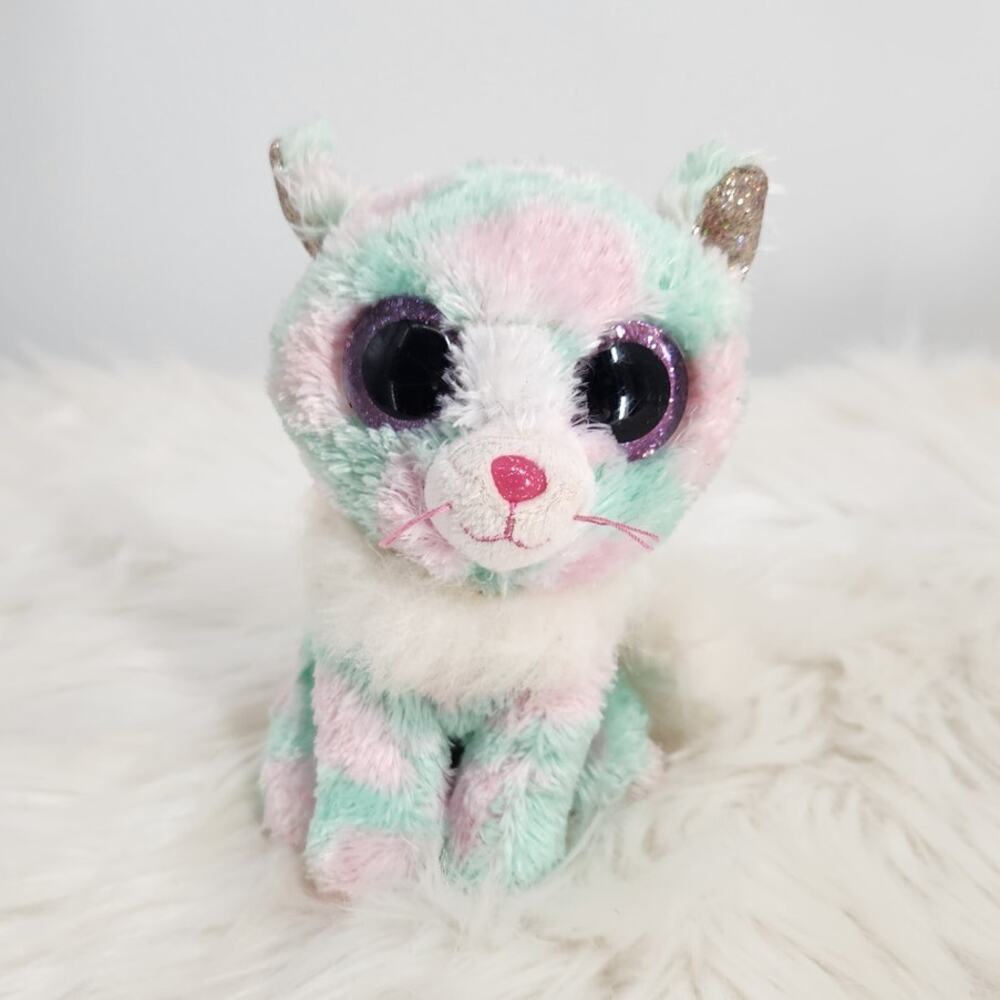 Ty Beanie Boos Opal the Cat Pastel Pink Mint Tie Dye Kitty Plush Glitter Eyes